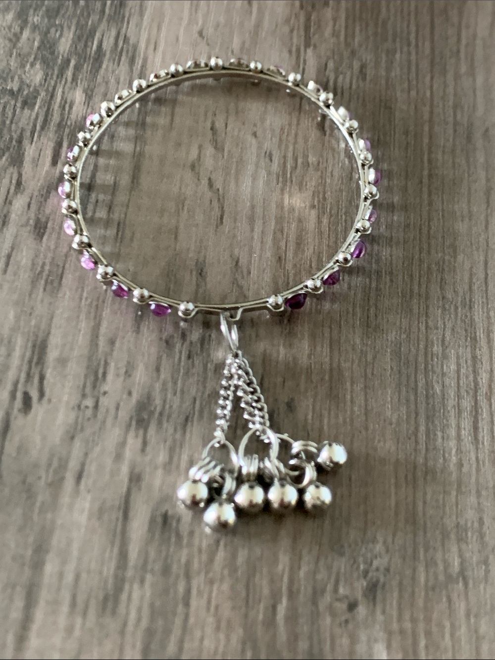NWOT Silver Bangle Bracelet with Purple Beads and Dangle Charm